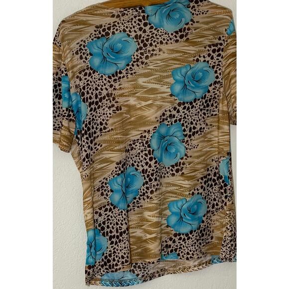 Vtg 2-Piece Top & Pants Pantsuit Aqua Flower Floral Set Stretch T-C Fashion SZ L - Picture 5 of 10